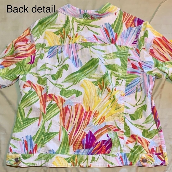 🐠 Chicos Tropical Floral Linen Blend Jacket, Pre-Owned, Size 3 (16) 🌺 - Picture 3 of 12